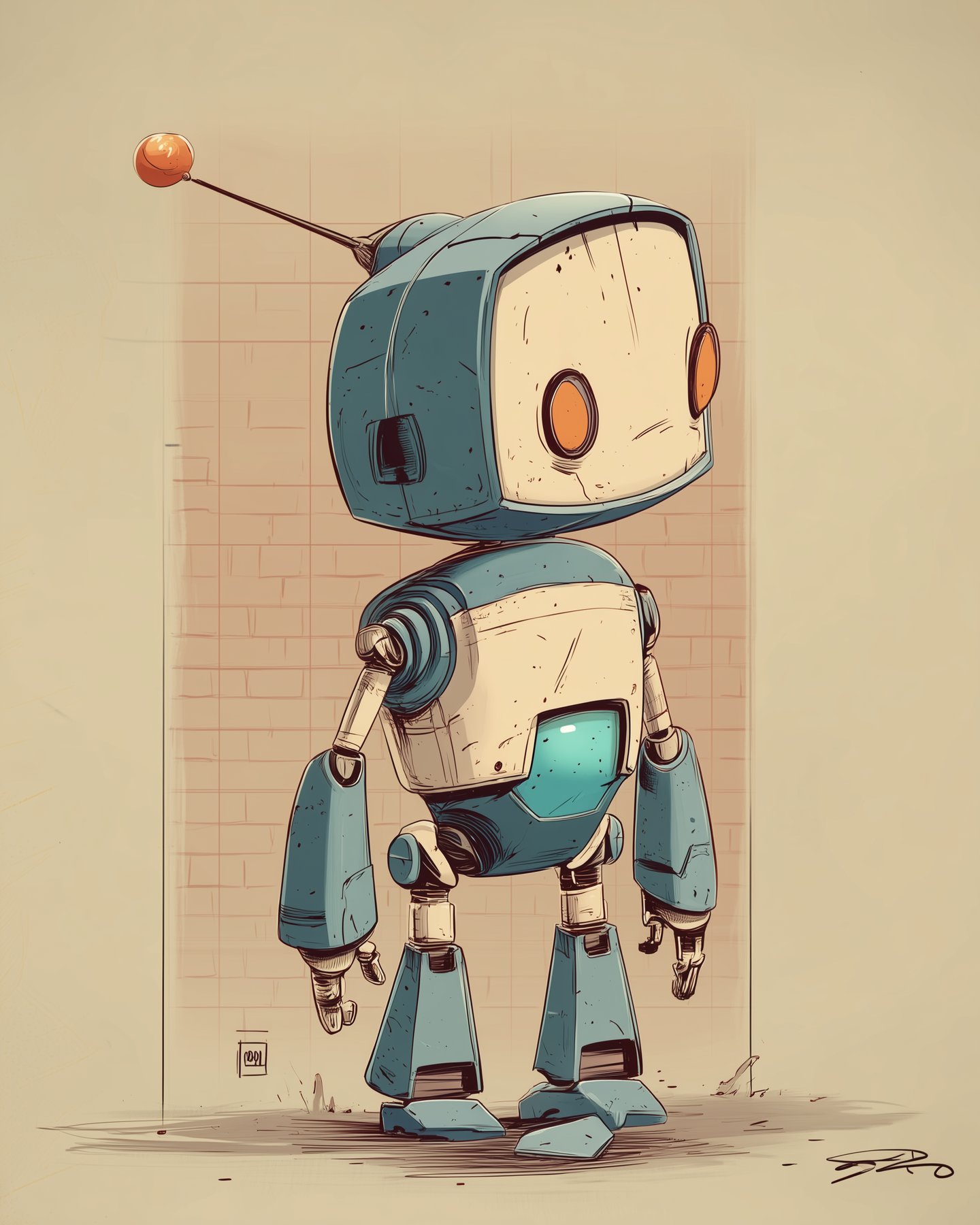 Scene 3: the robot standing at a coral brick wall