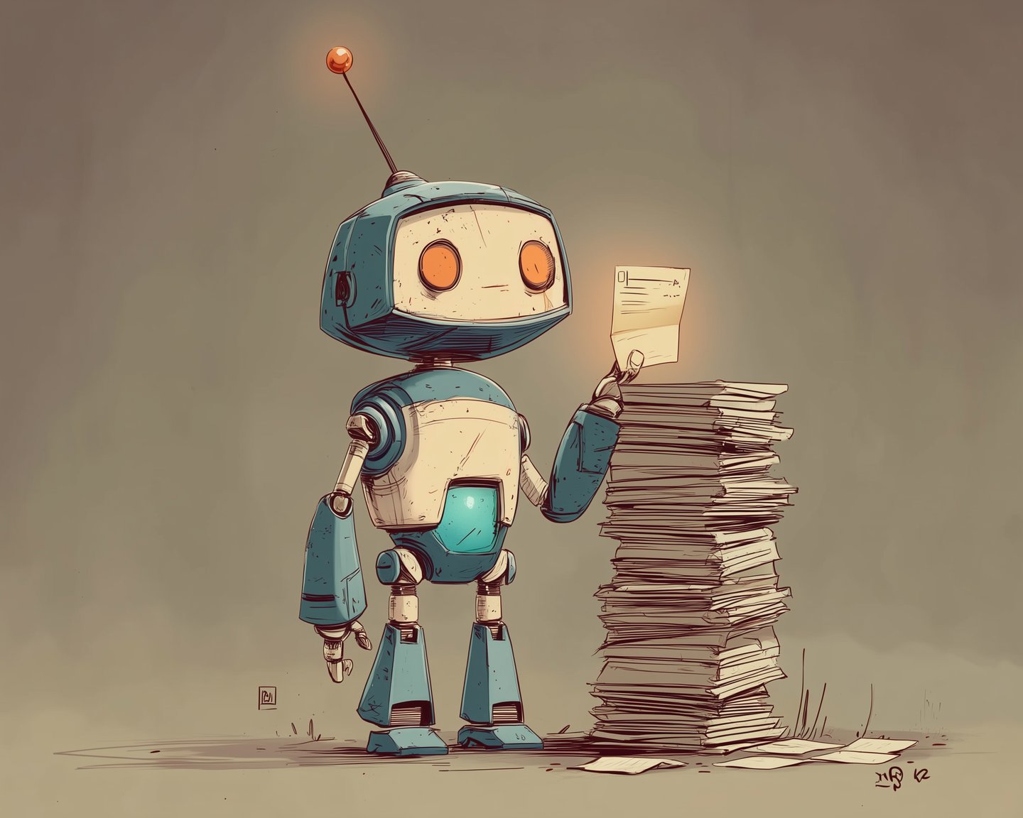 The robot beside a tall stack of paper, holding up the single page that matters.