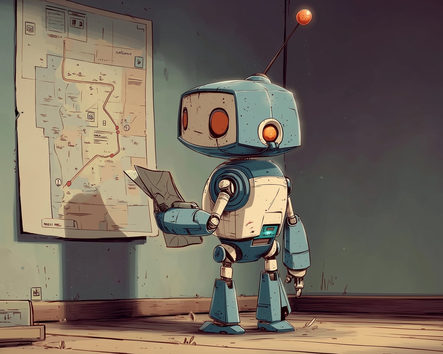 The robot studying a route map pinned to a wall, a folded page in one hand.
