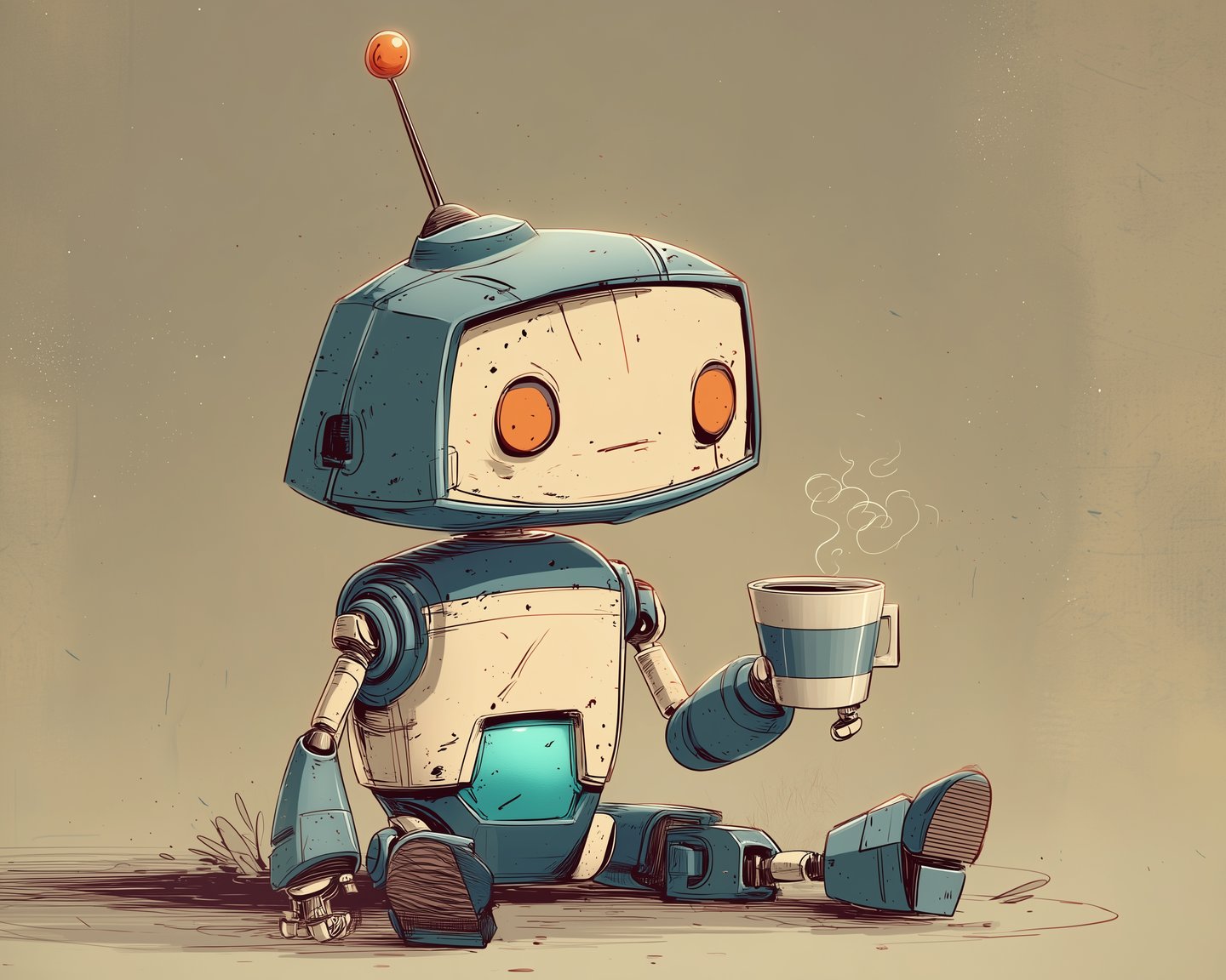 The robot sitting on the ground with a cup of coffee, taking a beat before deciding.